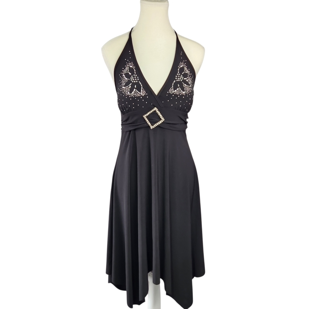 Black Rhinestone Halter Dress Size 6 – Embellished Floral Sparkle Party Cocktail